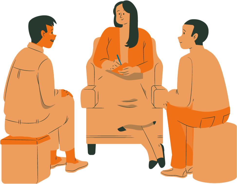 Three people sitting in a circle.