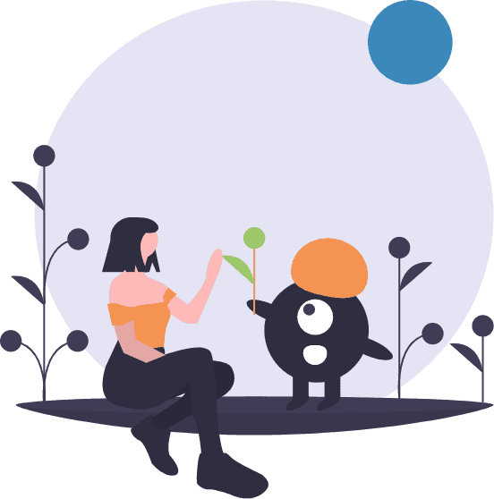Drawing of a creature giving a plant to a woman