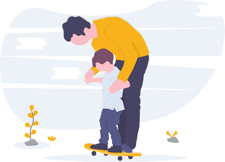 Drawing of a father helping his son skateboard