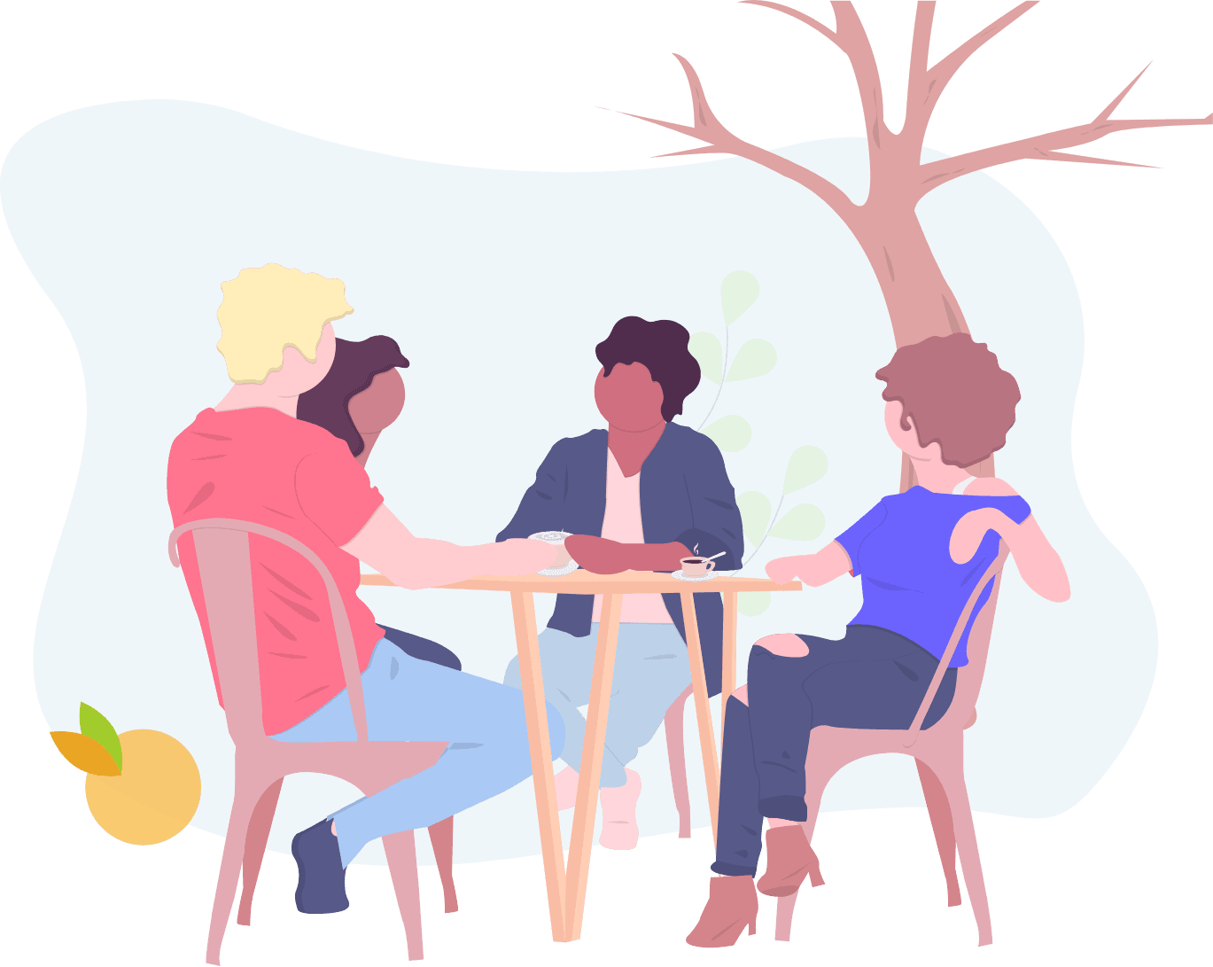 Drawing of a group of people having coffee and chatting